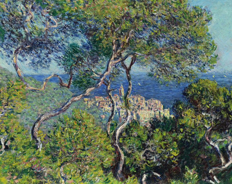 Bordighera by Claude Monet: twisting pine trunks on a hillside, a blue sea and a town glimpsed between them