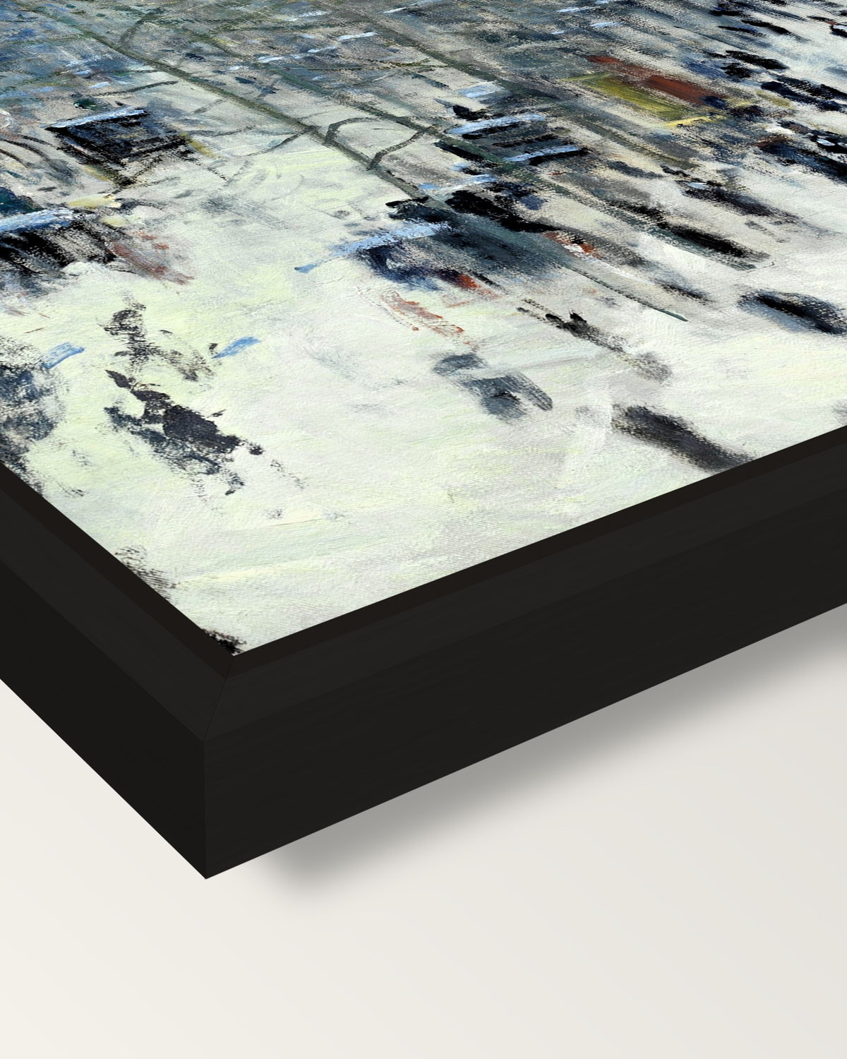 Boulevard des Capucines by Monet framed canvas, corner close-up: a black floating frame with a shadow gap round the canvas