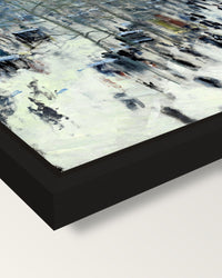 Boulevard des Capucines by Monet framed canvas, corner close-up: a black floating frame with a shadow gap round the canvas