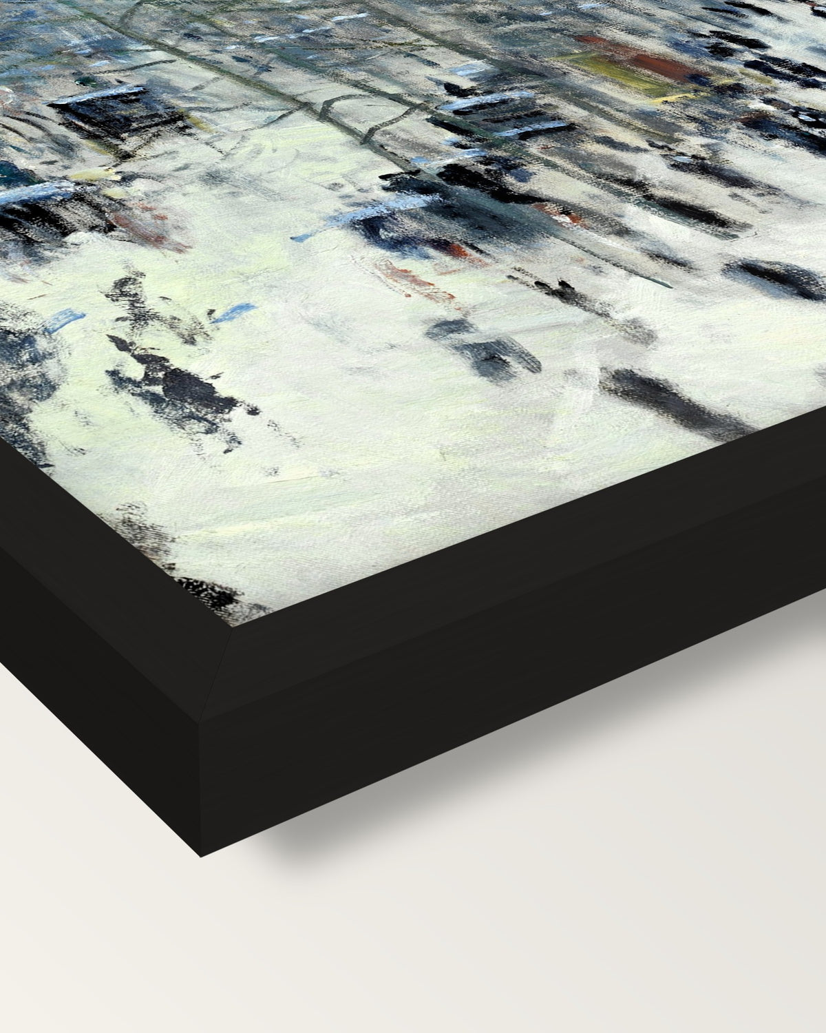 Boulevard des Capucines by Monet framed print, corner close-up: black moulding, mitred, the print set just below its edge