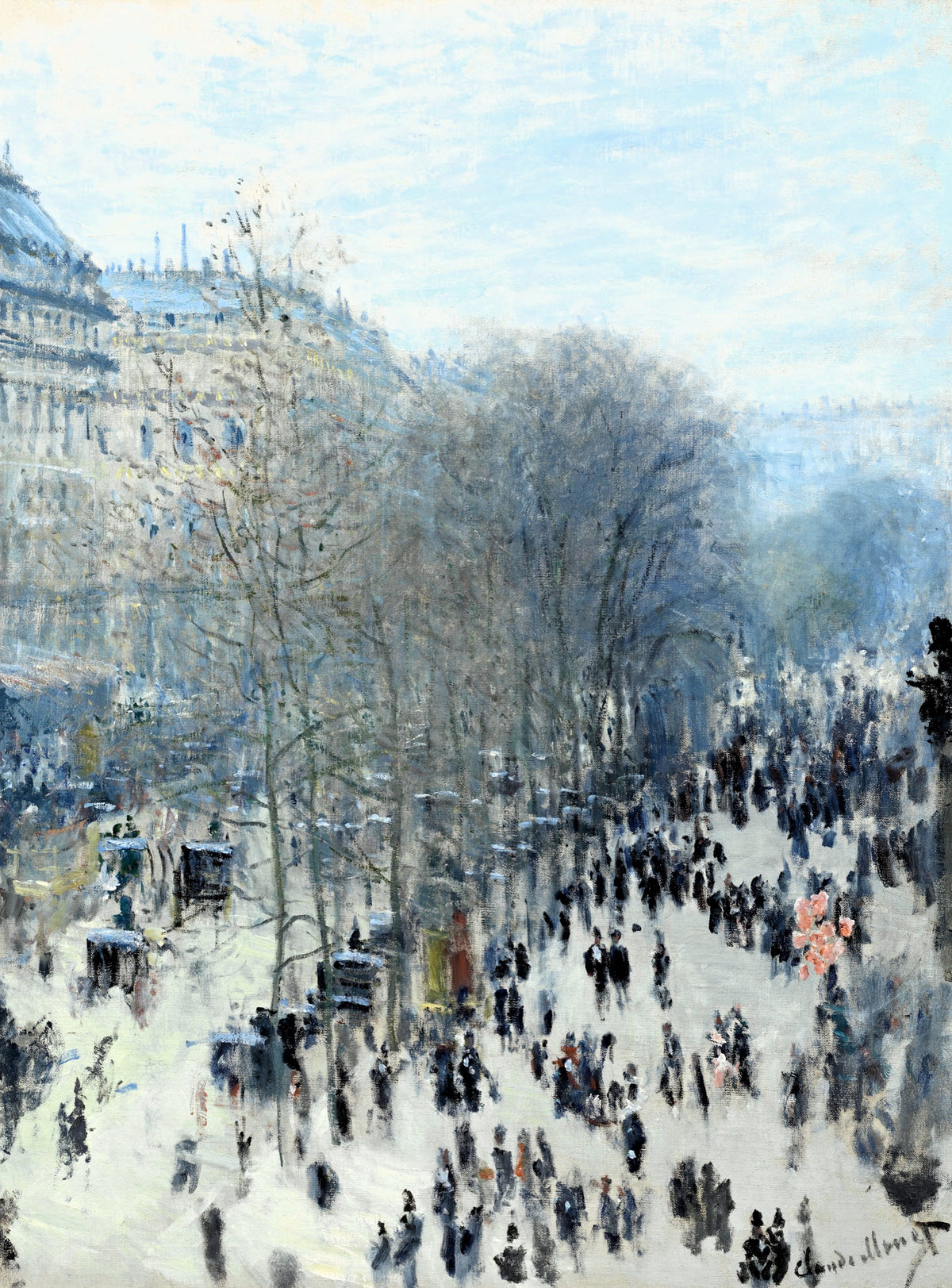 Boulevard des Capucines by Claude Monet: a snowy Paris boulevard seen from above, crowds and carriages under bare trees