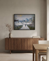Boulevard Saint-Denis by Claude Monet in a black frame above a walnut sideboard in a dining room