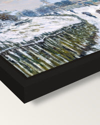Boulevard Saint-Denis by Monet framed canvas, corner close-up: a black floating frame with a shadow gap round the canvas