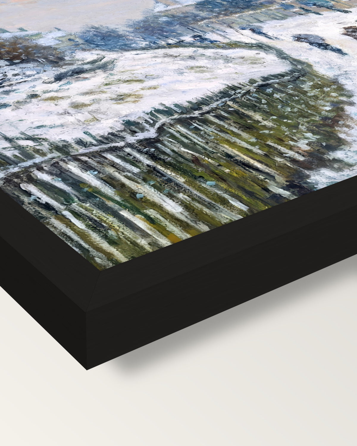 Boulevard Saint-Denis by Monet framed print, corner close-up: black moulding, mitred, the print set just below its edge