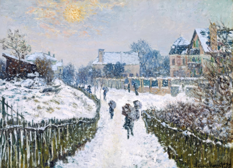 Boulevard Saint-Denis by Claude Monet: a snowy village road with figures under umbrellas, houses and a pale winter sun