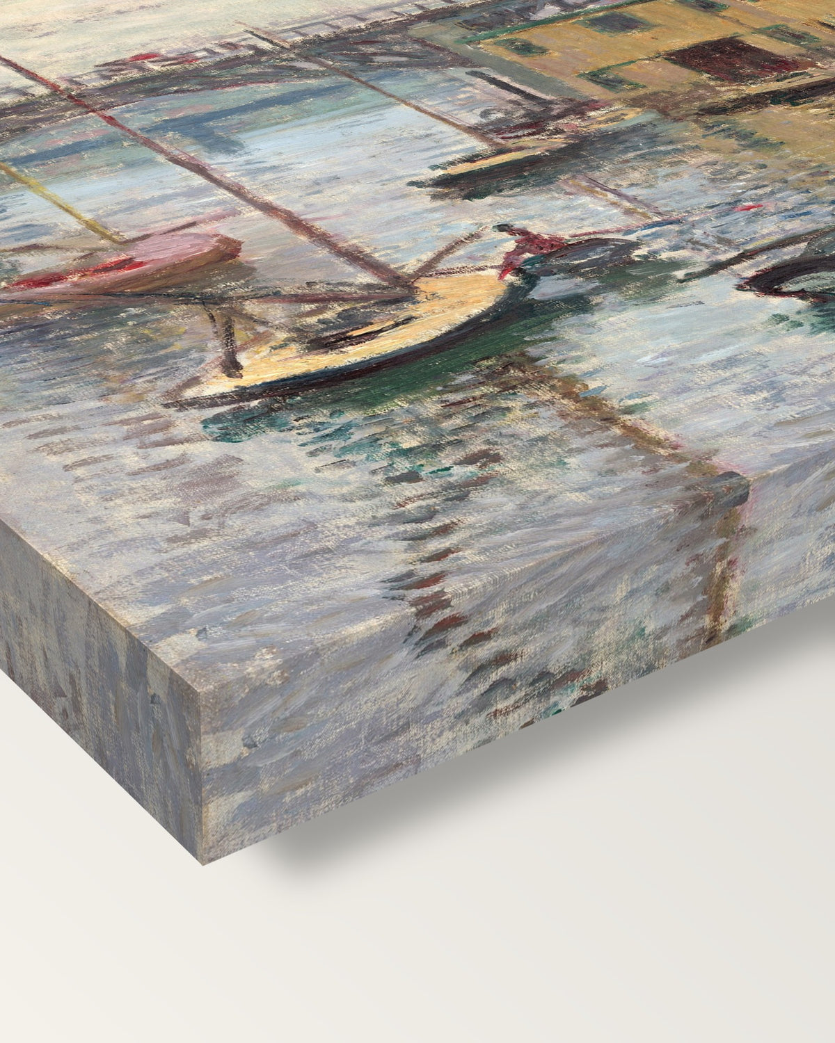 Argenteuil on a Gray Day by Claude Monet on stretched canvas, corner close-up: the painting mirror-wrapped round the sides