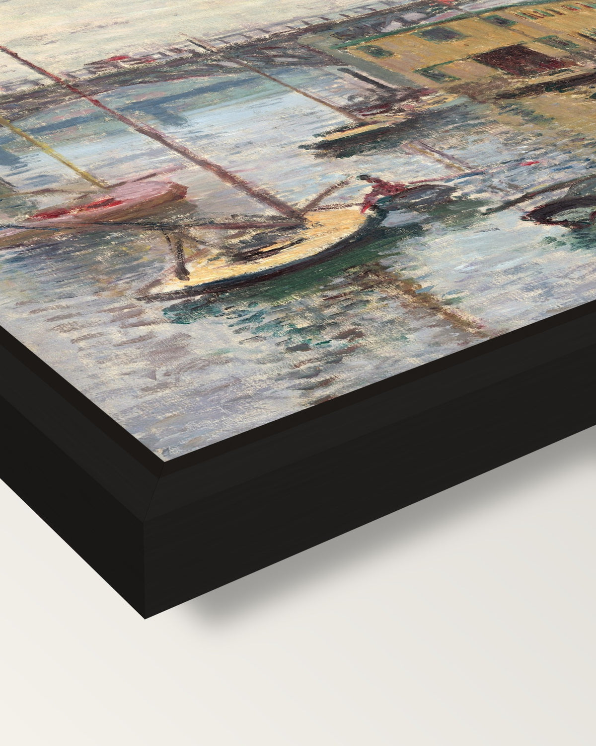 Argenteuil on a Gray Day by Monet framed canvas, corner close-up: a black floating frame with a shadow gap round the canvas
