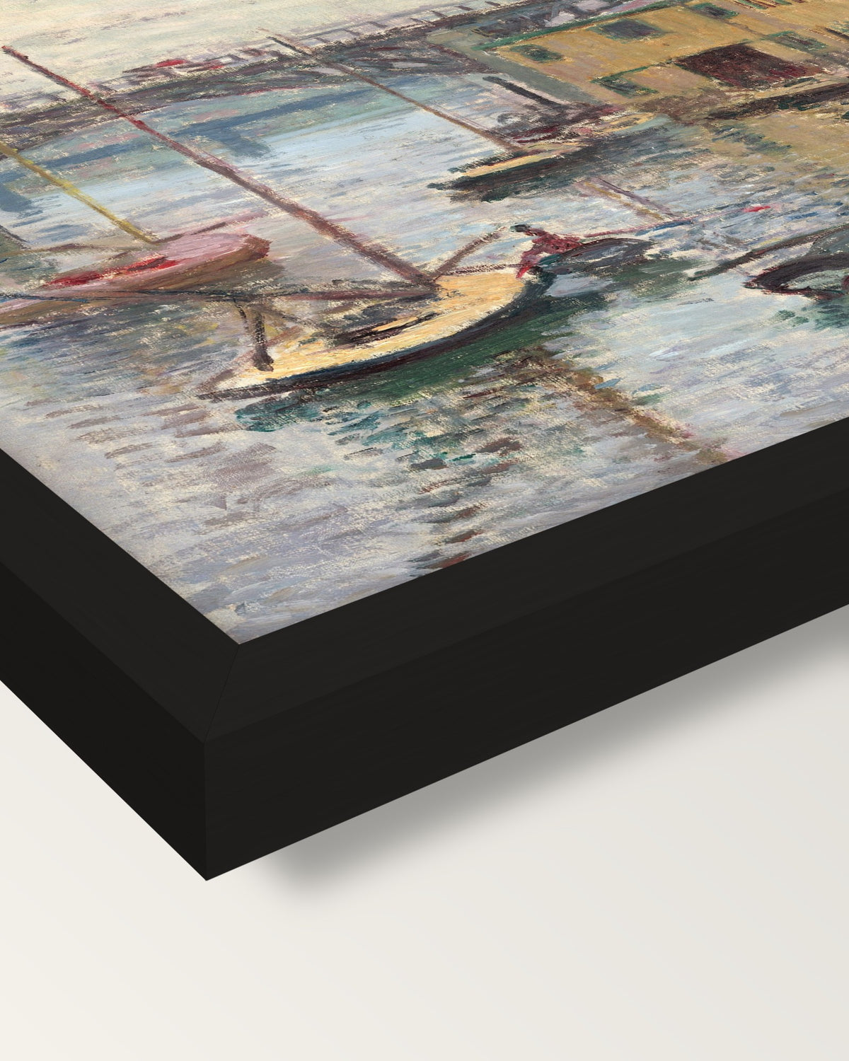Argenteuil on a Gray Day by Monet framed print, corner close-up: black moulding, mitred, the print set just below its edge