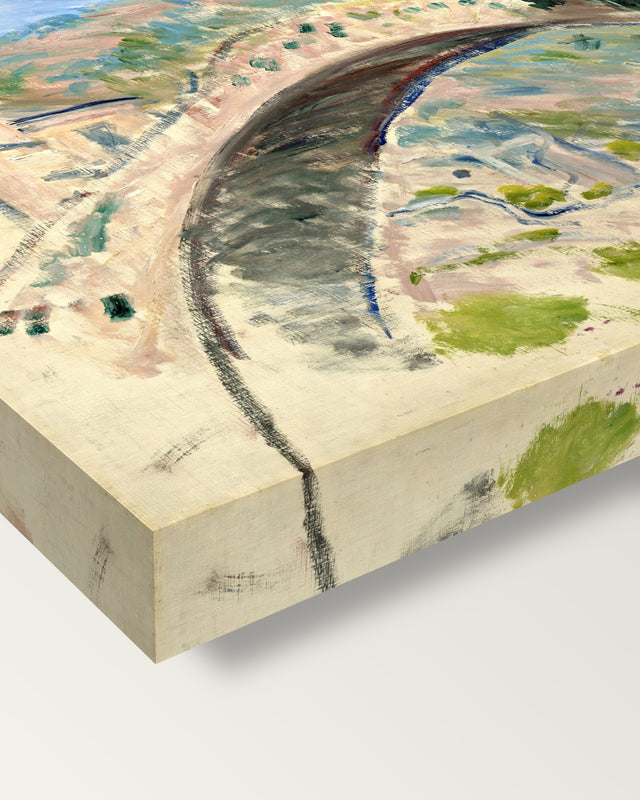 Bridge at Dolceacqua by Claude Monet on stretched canvas, corner close-up: the painting mirror-wrapped round the sides