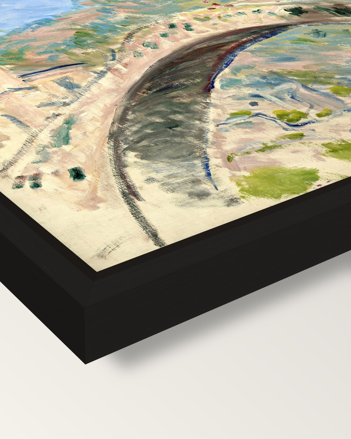 Bridge at Dolceacqua by Monet framed canvas, corner close-up: a black floating frame with a shadow gap round the canvas