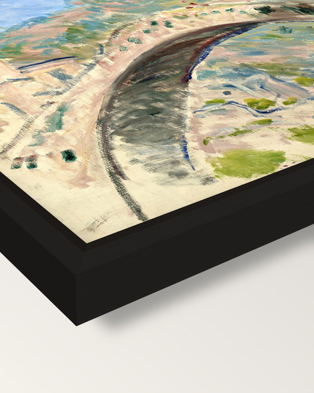 Bridge at Dolceacqua by Monet framed canvas, corner close-up: a black floating frame with a shadow gap round the canvas