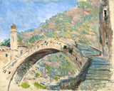 Bridge at Dolceacqua by Claude Monet: a high arched stone bridge and a tower in a village on a green hillside, blue sky