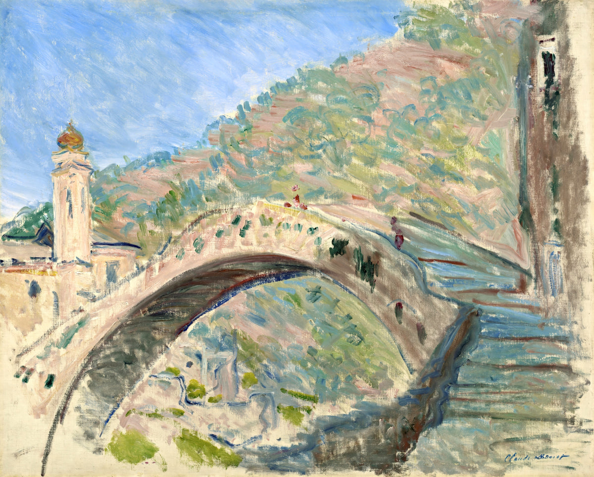 Bridge at Dolceacqua by Claude Monet: a high arched stone bridge and a tower in a village on a green hillside, blue sky