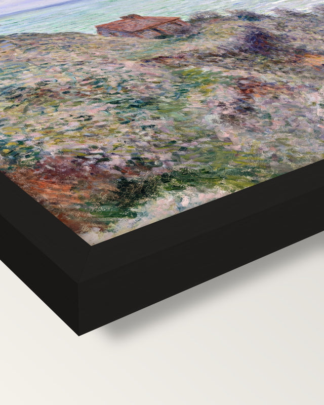 Cabin of the Customs Watch by Monet framed print, corner close-up: black moulding, mitred, the print set just below its edge