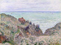 Cabin of the Customs Watch by Claude Monet: a small cabin in a hollow of flowering cliffs above a pale blue-green sea