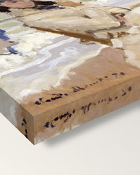 Camille on the Beach by Claude Monet on stretched canvas, corner close-up: the painting mirror-wrapped round the sides
