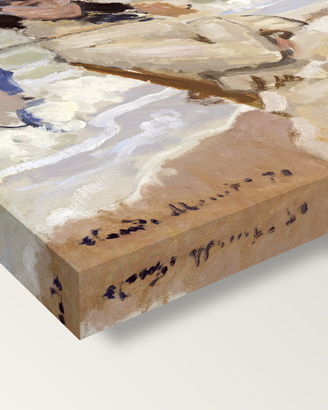 Camille on the Beach by Claude Monet on stretched canvas, corner close-up: the painting mirror-wrapped round the sides