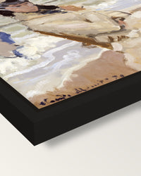 Camille on the Beach by Monet framed canvas, corner close-up: a black floating frame with a shadow gap round the canvas