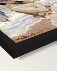 Camille on the Beach by Claude Monet framed print, corner close-up: black moulding, mitred, the print set just below its edge