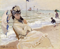 Camille on the Beach at Trouville by Claude Monet: a woman in a white dress and hat seated on a beach, the sea behind