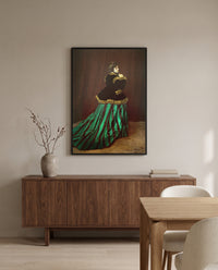 Camille by Claude Monet in a black frame above a walnut sideboard in a dining room