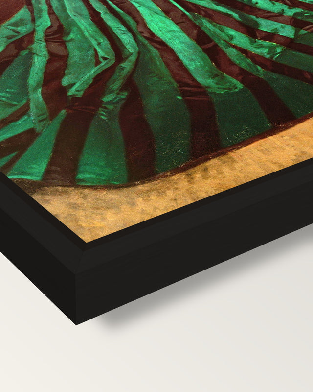 Camille by Claude Monet framed canvas, corner close-up: a black floating frame with a shadow gap round the canvas