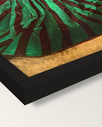 Camille by Claude Monet framed print, corner close-up: black moulding, mitred, the print set just below its edge