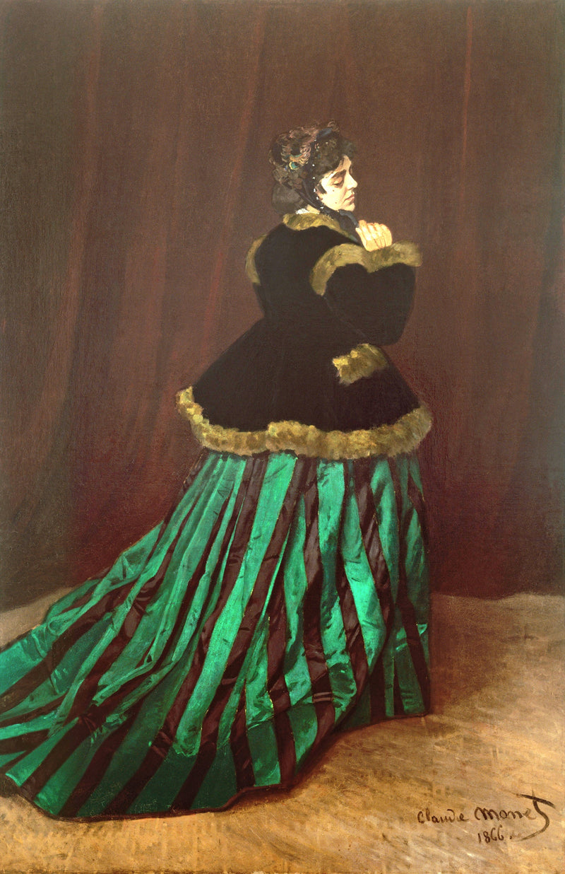 Camille by Claude Monet: a woman in a green-and-black striped silk dress and fur-trimmed jacket turning away, dark background