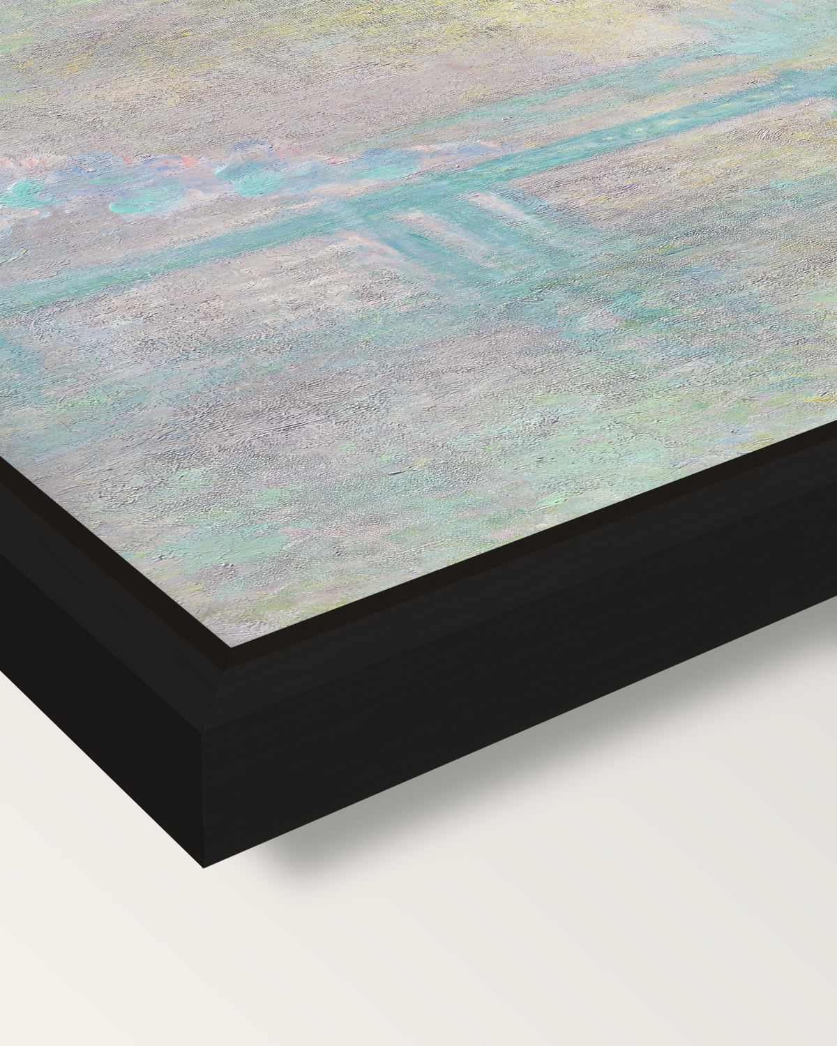 Charing Cross Bridge by Monet framed canvas, corner close-up: a black floating frame with a shadow gap round the canvas