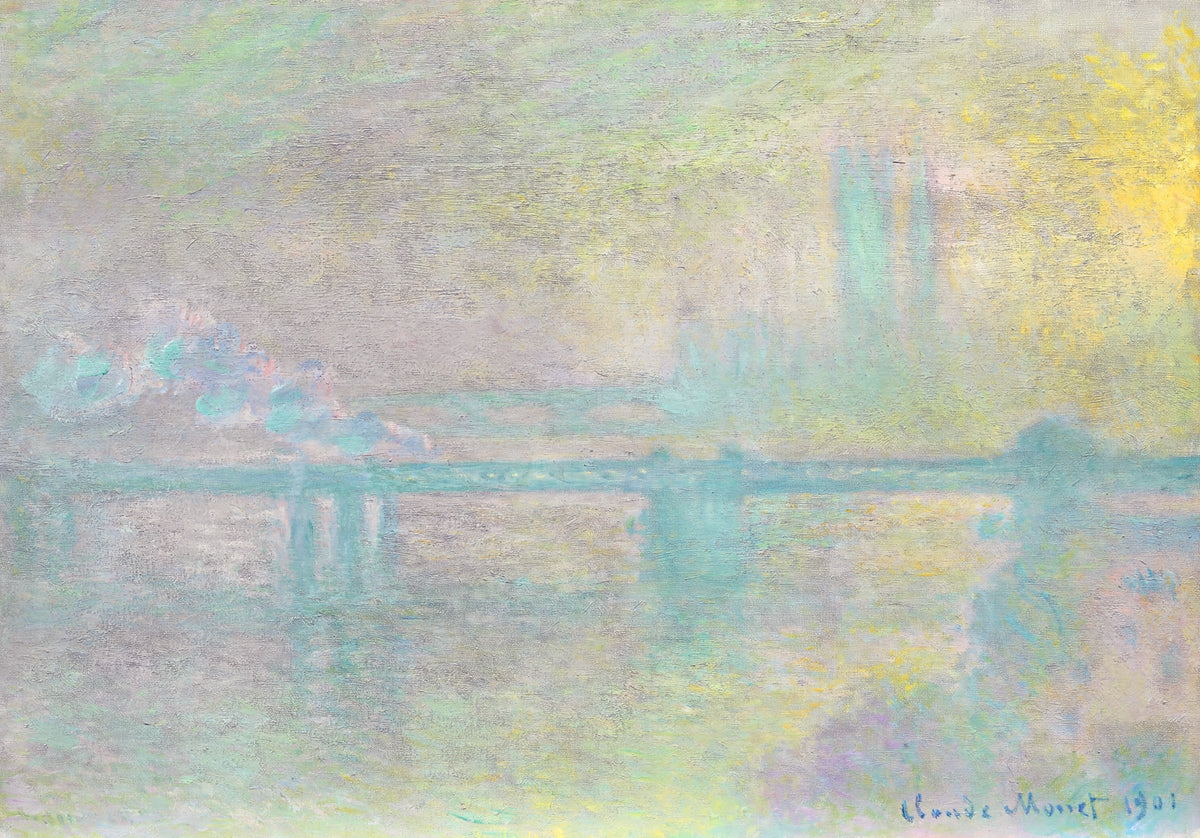 Charing Cross Bridge, London by Claude Monet: a long low bridge over the Thames in pale yellow and green fog