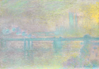 Charing Cross Bridge, London by Claude Monet: a long low bridge over the Thames in pale yellow and green fog