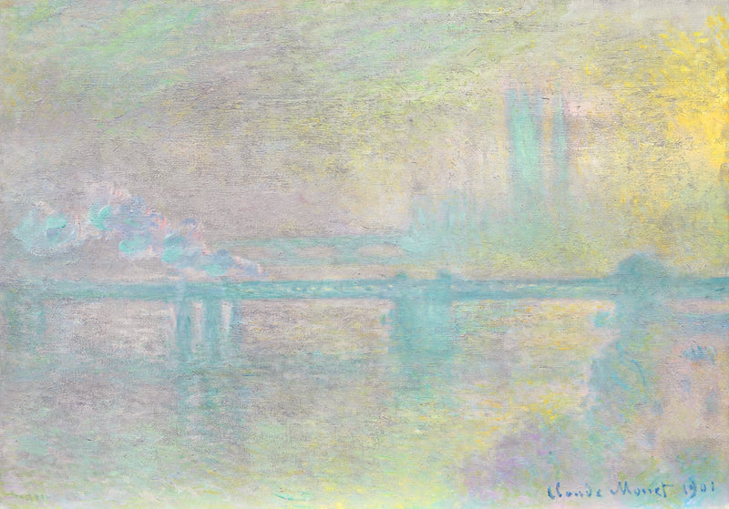 Charing Cross Bridge, London by Claude Monet: a long low bridge over the Thames in pale yellow and green fog