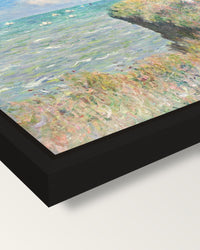 Cliff Walk at Pourville by Monet framed canvas, corner close-up: a black floating frame with a shadow gap round the canvas