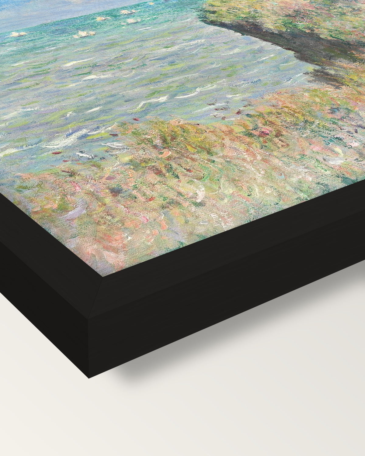 Cliff Walk at Pourville by Monet framed print, corner close-up: black moulding, mitred, the print set just below its edge
