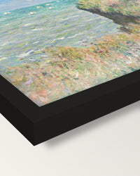 Cliff Walk at Pourville by Monet framed print, corner close-up: black moulding, mitred, the print set just below its edge