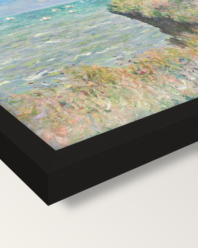 Cliff Walk at Pourville by Monet framed print, corner close-up: black moulding, mitred, the print set just below its edge