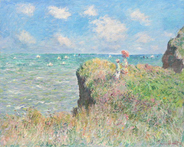 Cliff Walk at Pourville by Claude Monet: two women with a red parasol on a grassy clifftop above a blue-green sea