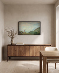 Cliffs at Pourville by Claude Monet in a black frame above a walnut sideboard in a dining room
