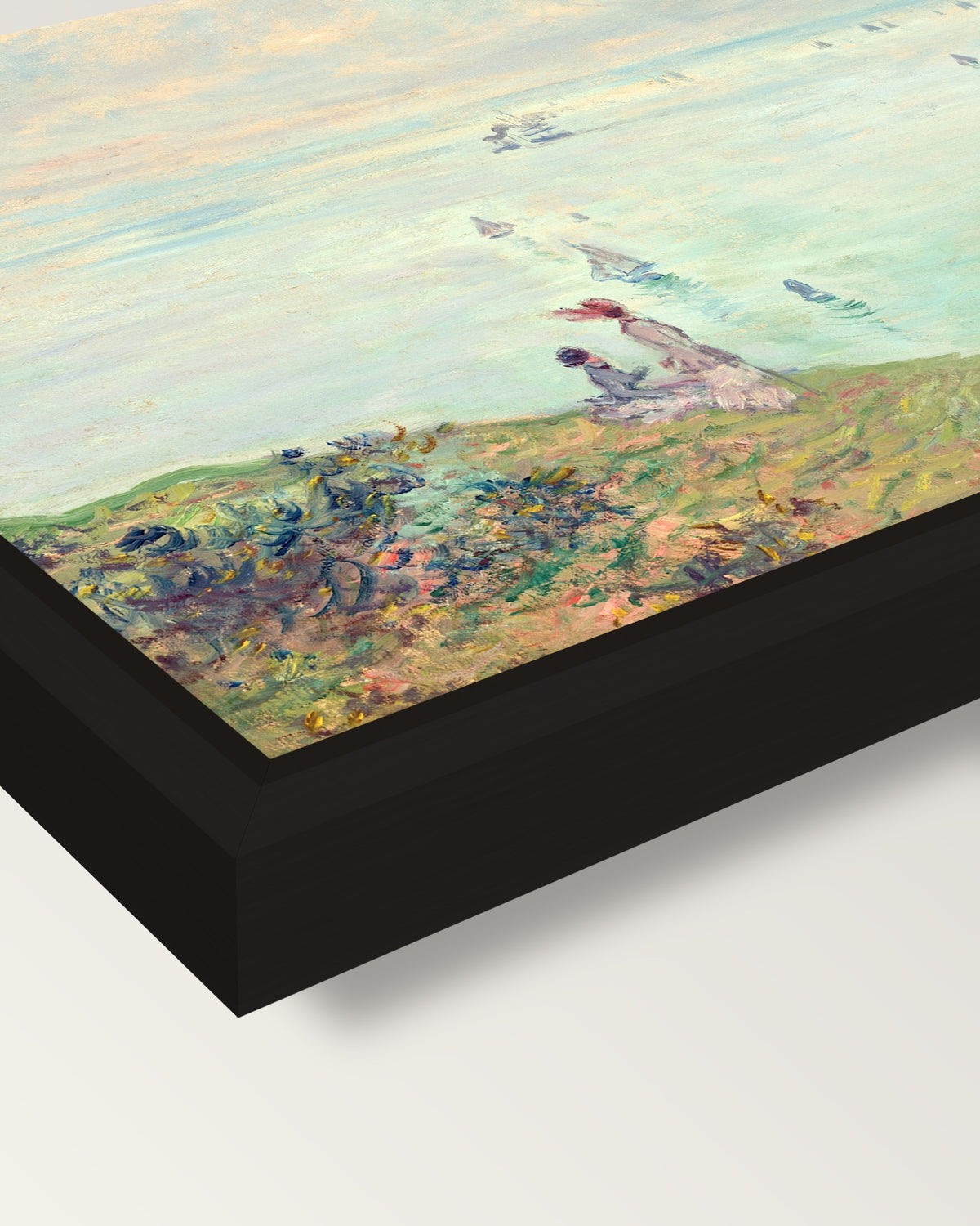Cliffs at Pourville by Claude Monet framed canvas, corner close-up: a black floating frame with a shadow gap round the canvas