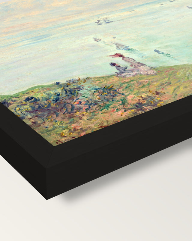 Cliffs at Pourville by Claude Monet framed print, corner close-up: black moulding, mitred, the print set just below its edge