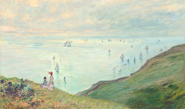 Cliffs at Pourville by Claude Monet: grassy clifftops with wild flowers above a bright blue sea