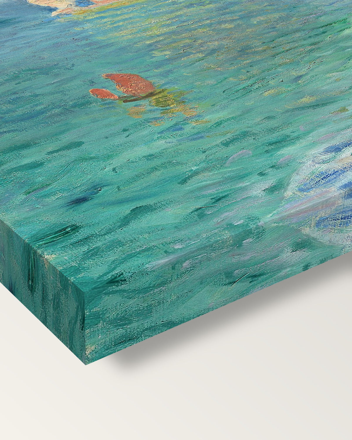 Étretat, Falaise d’Amont by Claude Monet on stretched canvas, corner close-up: the painting mirror-wrapped round the sides