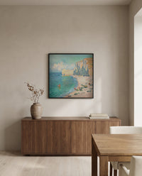 Étretat, Falaise d’Amont by Claude Monet in a black frame above a walnut sideboard in a dining room