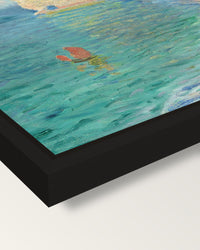 Étretat, Falaise d’Amont by Monet framed canvas, corner close-up: a black floating frame with a shadow gap round the canvas