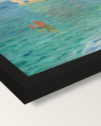 Étretat, Falaise d’Amont by Monet framed print, corner close-up: black moulding, mitred, the print set just below its edge