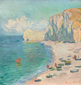 Étretat: The Beach and the Falaise d’Amont by Claude Monet: a chalk cliff with an arch over a green sea, boats on the beach