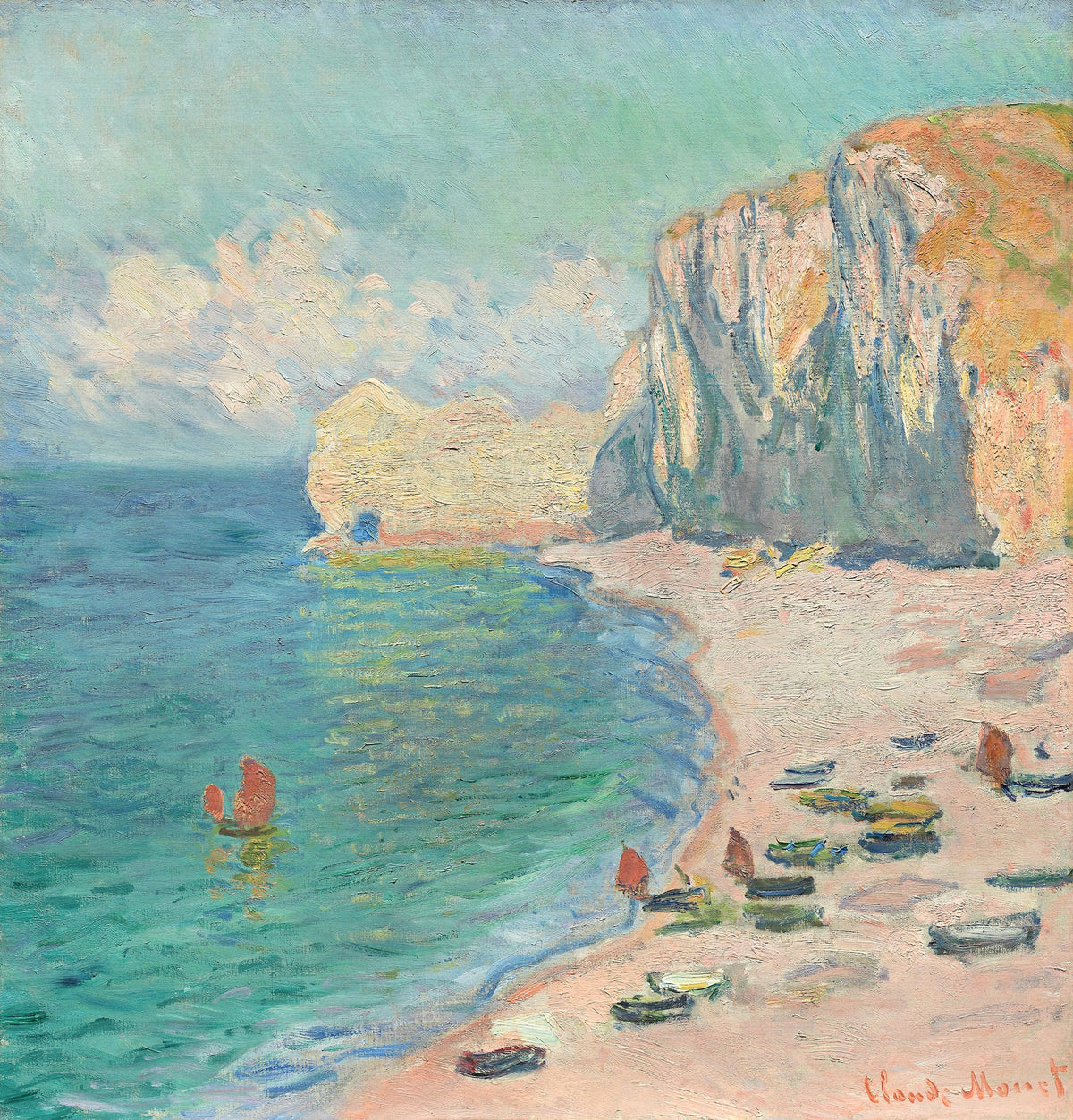 Étretat: The Beach and the Falaise d’Amont by Claude Monet: a chalk cliff with an arch over a green sea, boats on the beach
