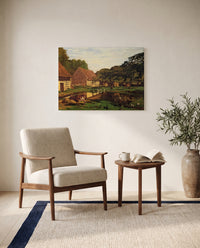 Farm Courtyard, Normandy by Claude Monet as a stretched canvas above a linen lounge chair in a reading corner