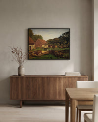 Farm Courtyard, Normandy by Claude Monet in a black frame above a walnut sideboard in a dining room