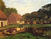 Farm Courtyard in Normandy by Claude Monet: timber barns beside a pond, a cow, ducks and figures under tall green trees